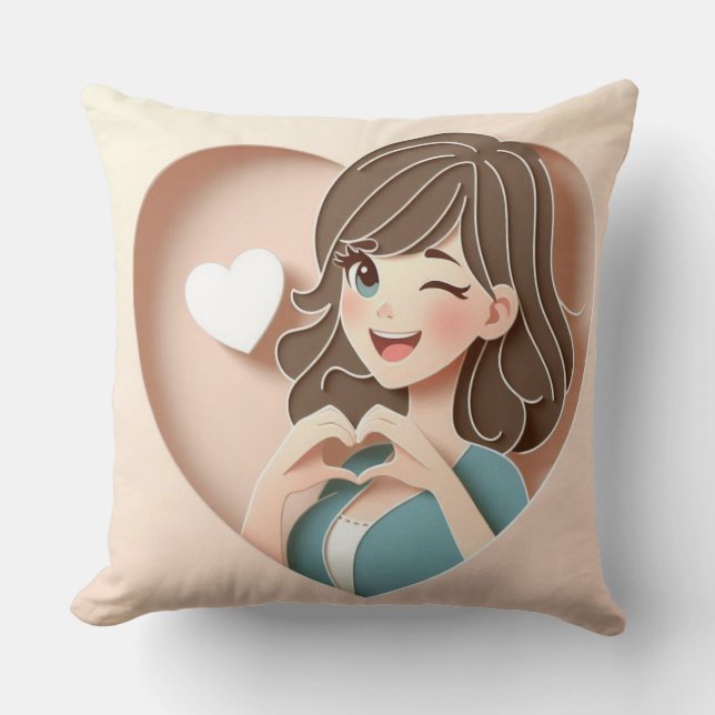 Winking Girl's Magic of Love Throw Pillow (Front)