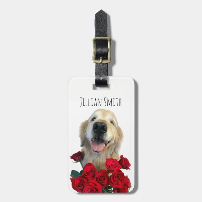 Winking Golden Retriever With Roses Personalized Luggage Tag (Front Vertical)