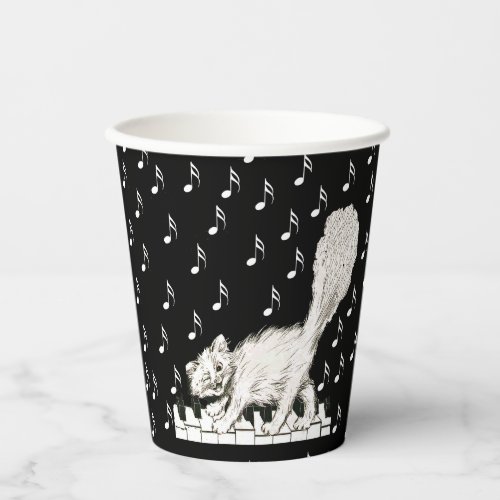 Winking Happy White Cat Walking on Piano Notes Paper Cups