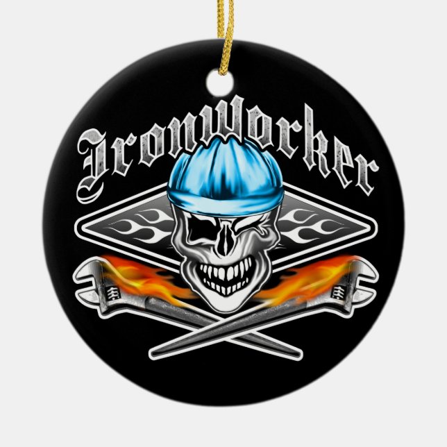 Winking Ironworker Skull and Spud Wrenches 7 Blue Ceramic Ornament (Front)