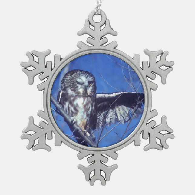 Winking owl snowflake pewter christmas ornament (Front)