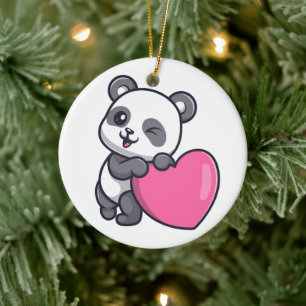 Winking Panda With Pink Heart Ceramic Ornament