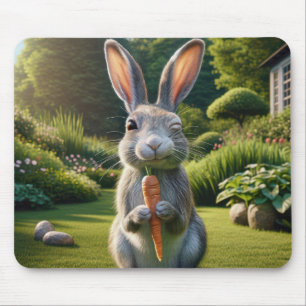 Winking Rabbit Holding a Carrot Mouse Pad