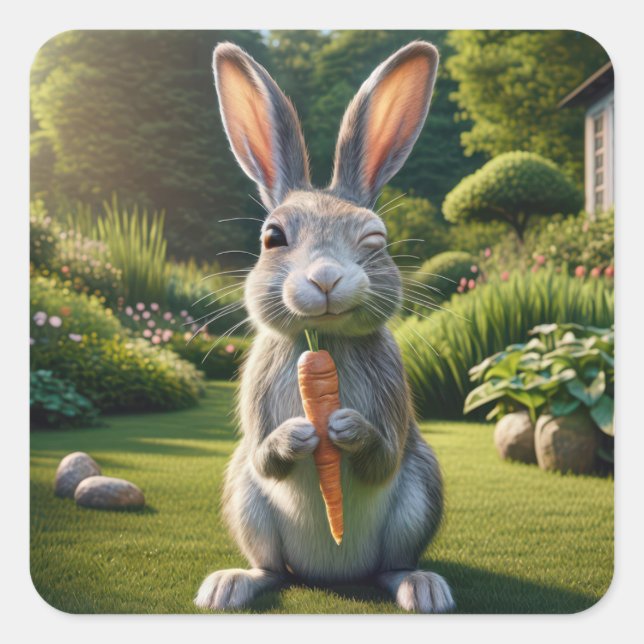 Winking Rabbit With a Carrot Square Sticker (Front)