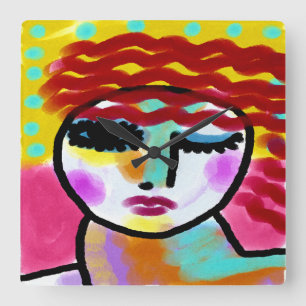 Winking Red Haired Woman Abstract Art Square Wall Clock