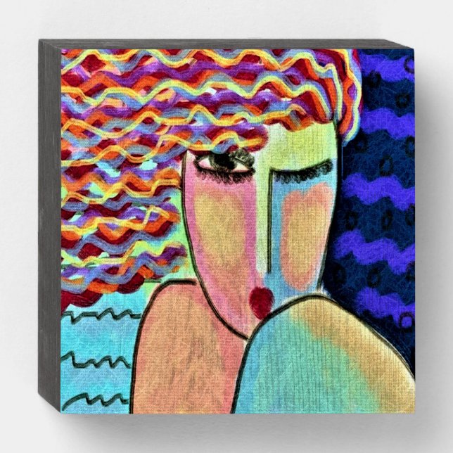 Winking Red Haired Woman Abstract Digital Painting Wooden Box Sign (Front Horizontal)