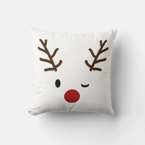 Winking Rudolf Reindeer Christmas Reversible Throw Pillow
