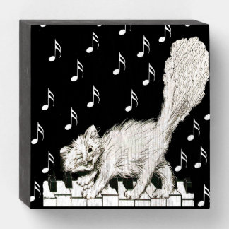 Winking Smiling White Cat Walking on Piano Keys Wooden Box Sign