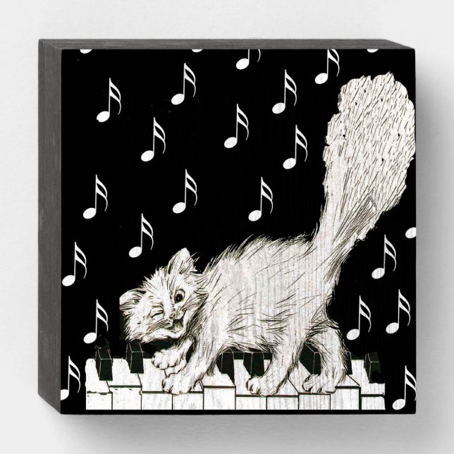 Winking Smiling White Cat Walking on Piano Keys Wooden Box Sign (Front Horizontal)