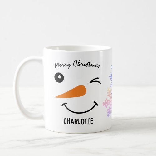 Winking Snowmans Face Snowflake Merry Christmas Coffee Mug