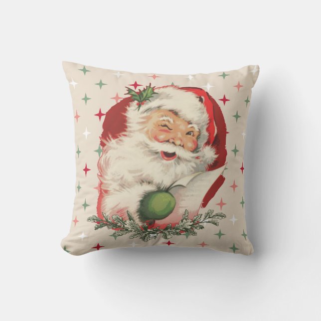 Winking Vintage Santa Claus Christmas Pattern Throw Pillow (Front)
