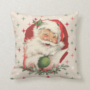 Winking Vintage Santa Claus Christmas Pattern Throw Pillow