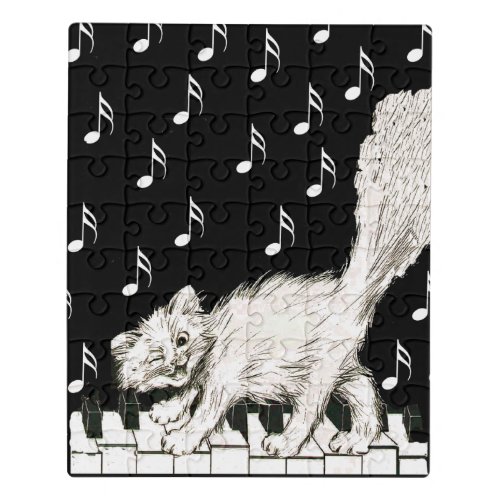 Winking White Cat Fluffy Tail on Piano Keys Black Jigsaw Puzzle