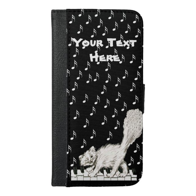 Winking White Cat Fluffy Tail on Piano Keys iPhone Wallet Case (Front)
