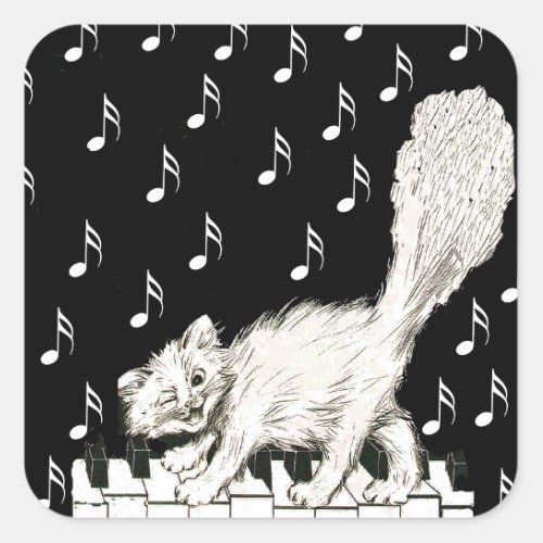 Winking White Cat Fluffy Tail on Piano Keys Square Sticker