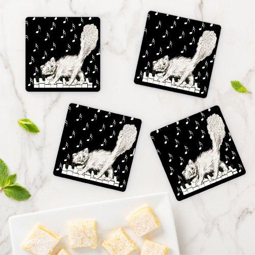 Winking White Cat Fluffy Tail on Piano Music Notes Coaster Set