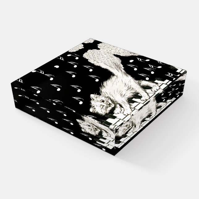 Winking White Cat on Piano Keys Black White Music Paperweight (Angled)