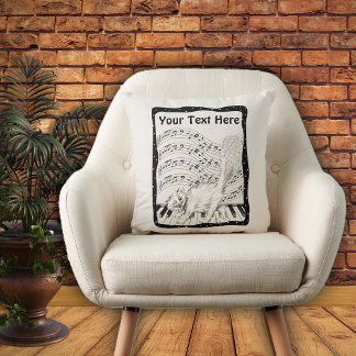 Winking White Cat on Piano Music Note Bars Frame Throw Pillow