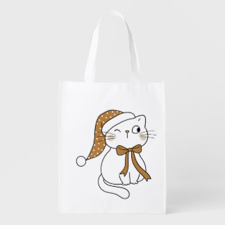 Winking Winter Cat Grocery Bag