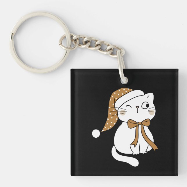 Winking Winter Cat Keychain (Front)
