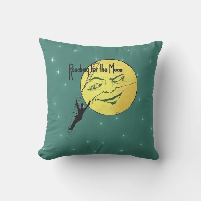 Winking Yellow Moon Face Man Climbing Ladder Green Outdoor Pillow (Front)