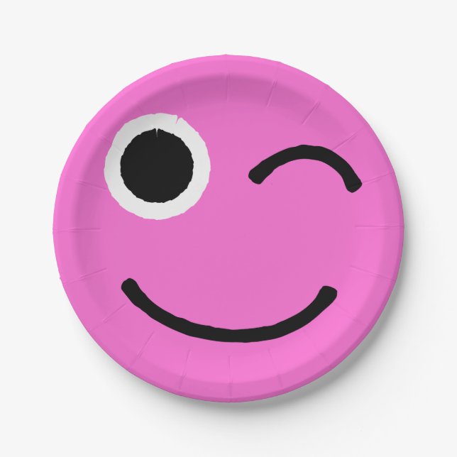 Winky Face Pink Flirty Winking Emoticon Emojii Paper Plates (Front)