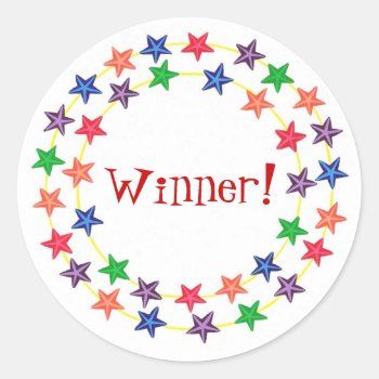 Winner!  Stickers  With Colorful Stars Classic Round Sticker by Cherylsart at Zazzle