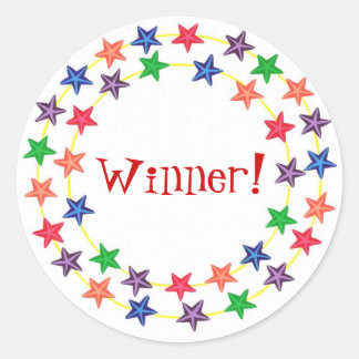 Winner!, stickers, with colorful stars classic round sticker