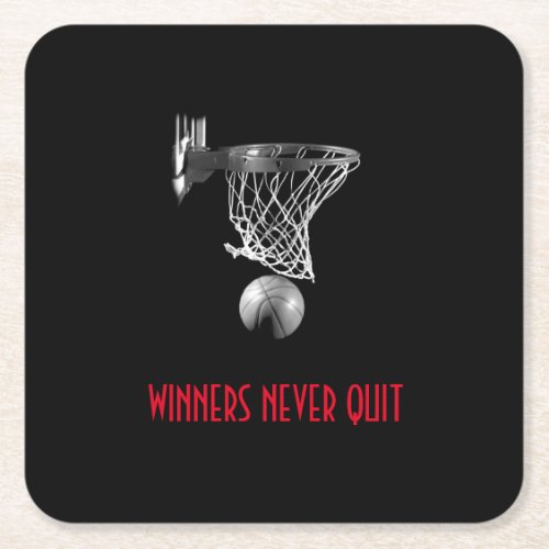 Winners Never Quit Basketball Square Paper Coaster