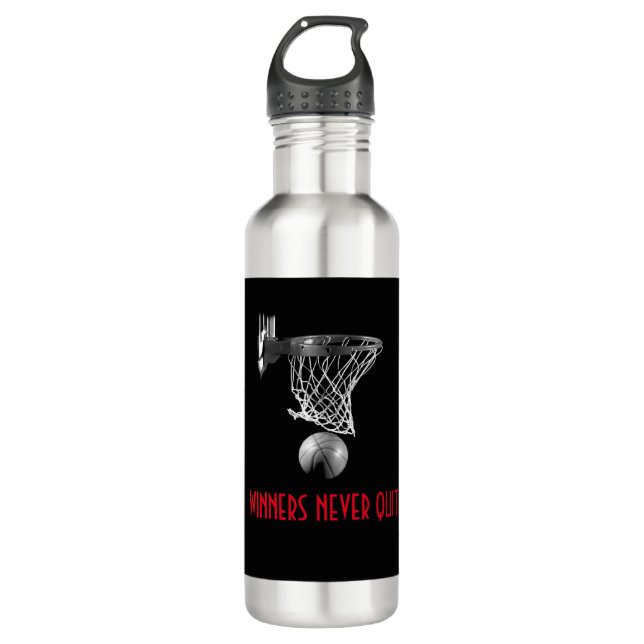 Winners Never Quit Basketball Stainless Steel Water Bottle (Front)
