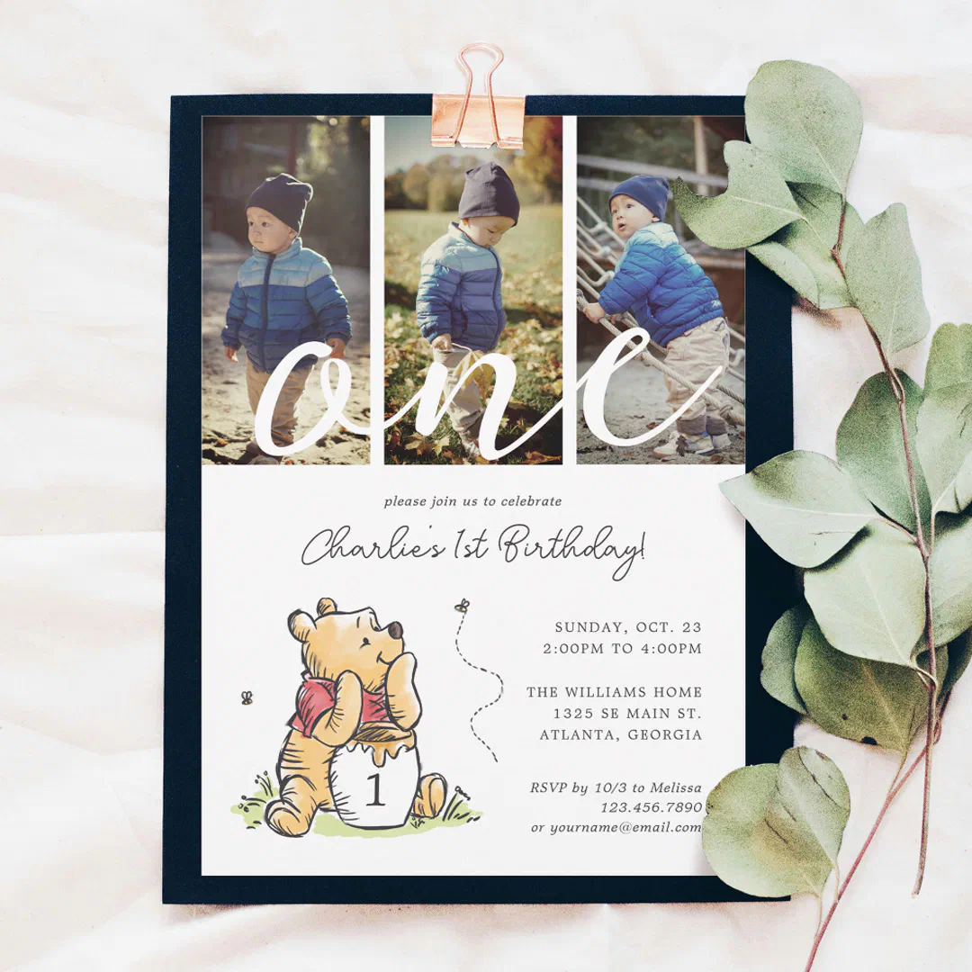 Winnie the Pooh 1st Birthday | Photo Collage Invitation