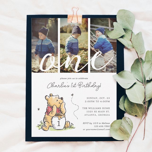 Winnie the Pooh 1st Birthday | Photo Collage Invitation (Invitation on table)