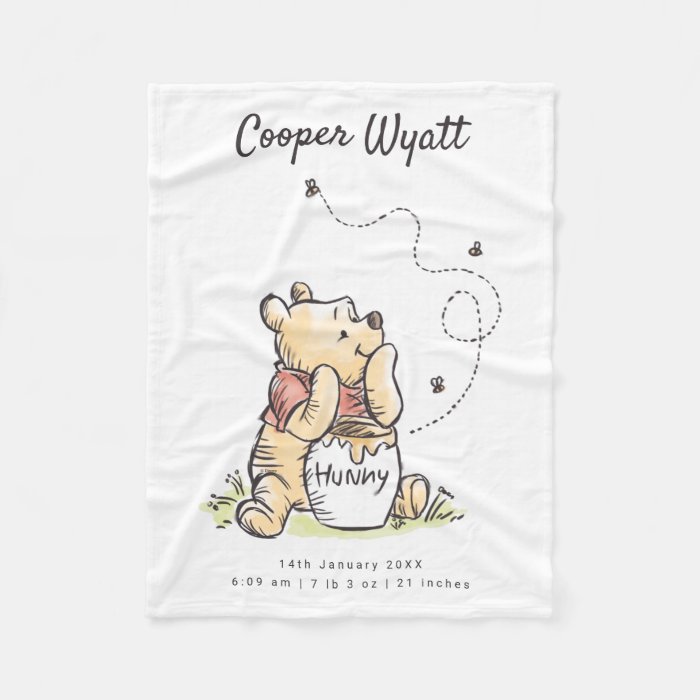 Winnie the Pooh and Hunny Pot Birth Stats Fleece Blanket