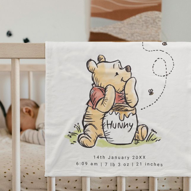 Winnie the Pooh and Hunny Pot Birth Stats Fleece Blanket (Blanket over crib)