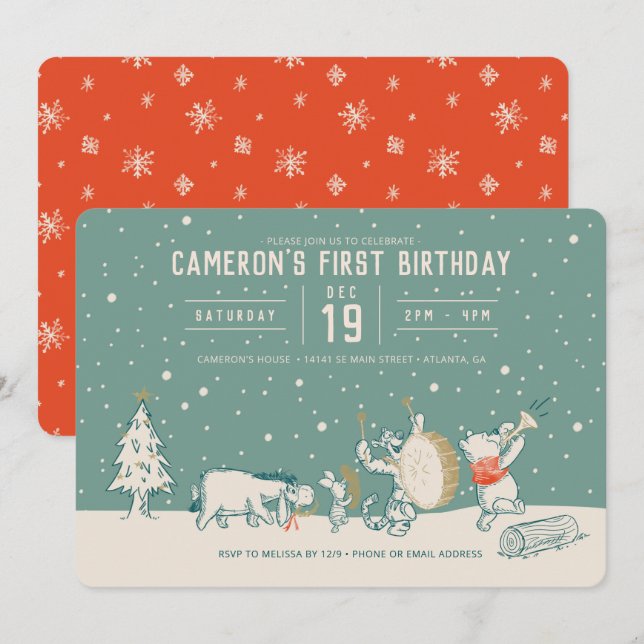Winnie the Pooh and Pals Winter 1st Birthday Invitation (Front/Back)