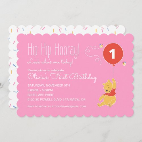 Winnie the Pooh  Baby Girl _ First Birthday Invitation