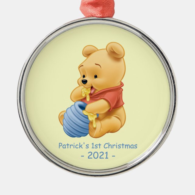 Winnie the Pooh | Baby's First Christmas Ceramic O Metal Ornament (Front)