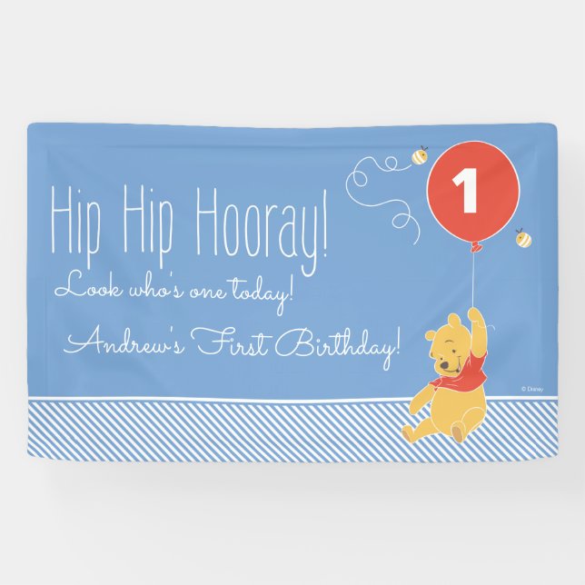 Winnie the Pooh Balloon | Boy - First Birthday Ban Banner (Horizontal)