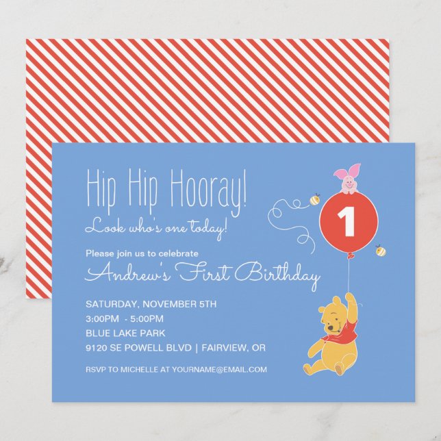 Winnie the Pooh Balloon | Boy - First Birthday Invitation (Front/Back)