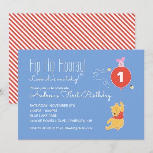 Winnie the Pooh Balloon | Boy - First Birthday Invitation