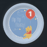 Winnie the Pooh Balloon | Boy - First Birthday Paper Plates<br><div class="desc">Celebrate your baby's first birthday with these super cute Winnie the Pooh plates. These plates features Pooh on a blue background with stripes and a red balloon. Customize by adding your child's age.</div>