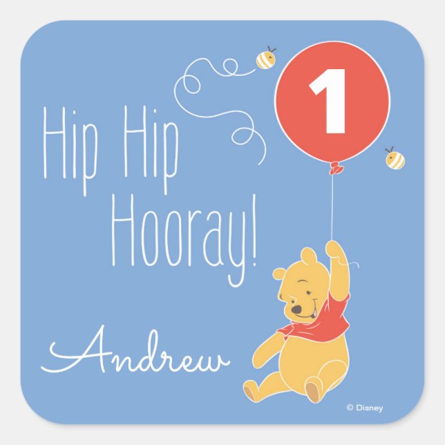 Winnie the Pooh Balloon | Boy - First Birthday Square Sticker (Front)