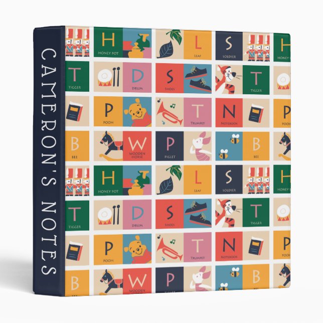 Winnie the Pooh | Cute Block Alphabet Pattern 3 Ring Binder (Front/Spine)
