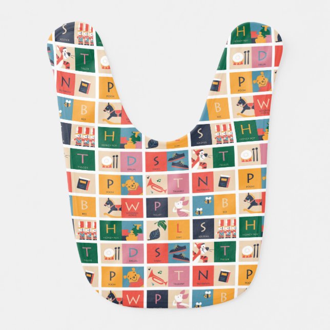 Winnie the Pooh | Cute Block Alphabet Pattern Baby Bib (Front)