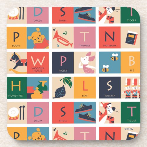 Winnie the Pooh  Cute Block Alphabet Pattern Beverage Coaster