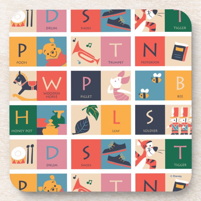 Winnie the Pooh | Cute Block Alphabet Pattern Beverage Coaster (Front)