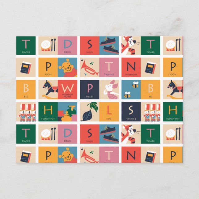 Winnie the Pooh | Cute Block Alphabet Pattern Postcard (Front)