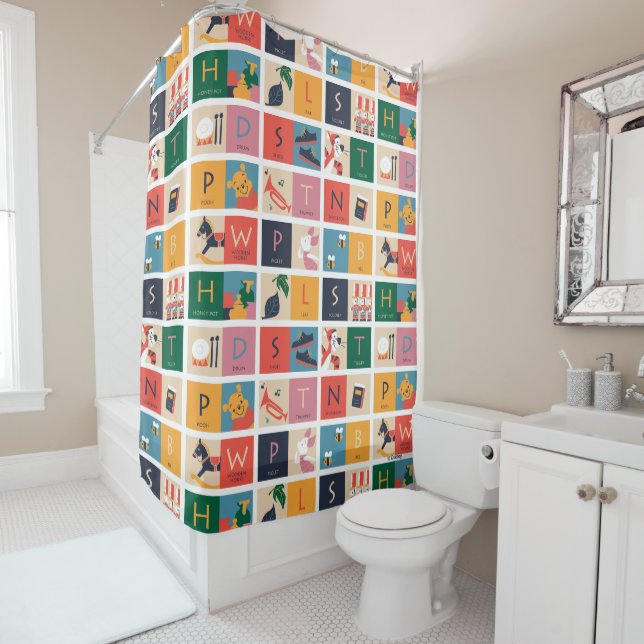 Winnie the Pooh | Cute Block Alphabet Pattern Shower Curtain (In Situ)