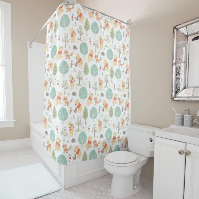 Winnie the Pooh | Cute Woodland Animals Pattern Shower Curtain (In Situ)
