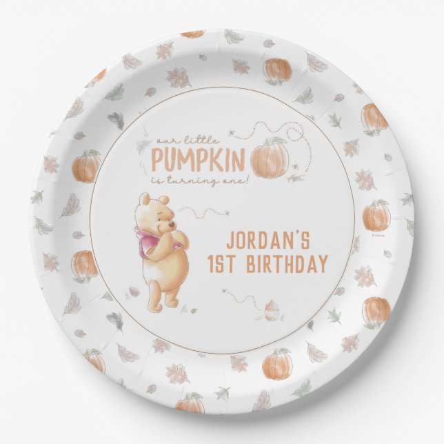 Winnie the Pooh | Fall Pumpkin First Birthday Pap Paper Plates (Front)